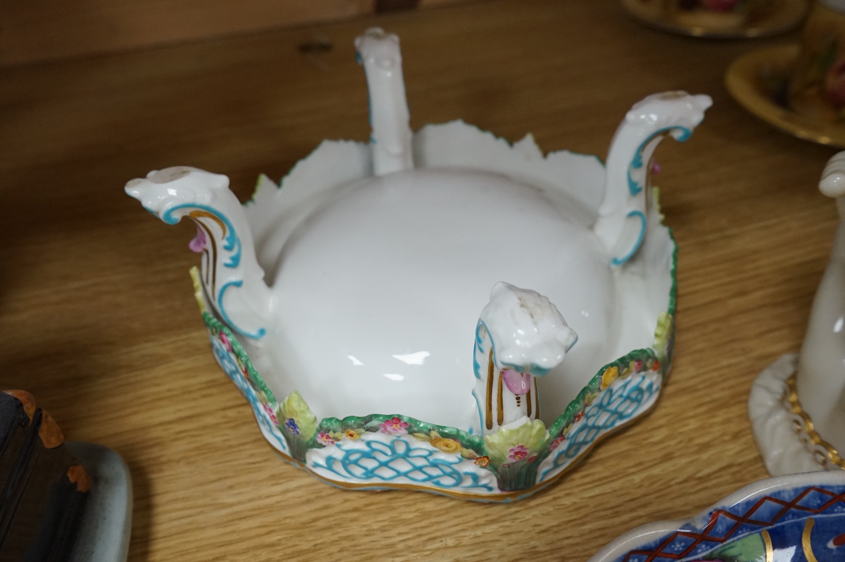 A Victorian Royal Worcester Hadley’s hand vase, a Spode dish and a Meissen style centre piece, largest 27cm wide